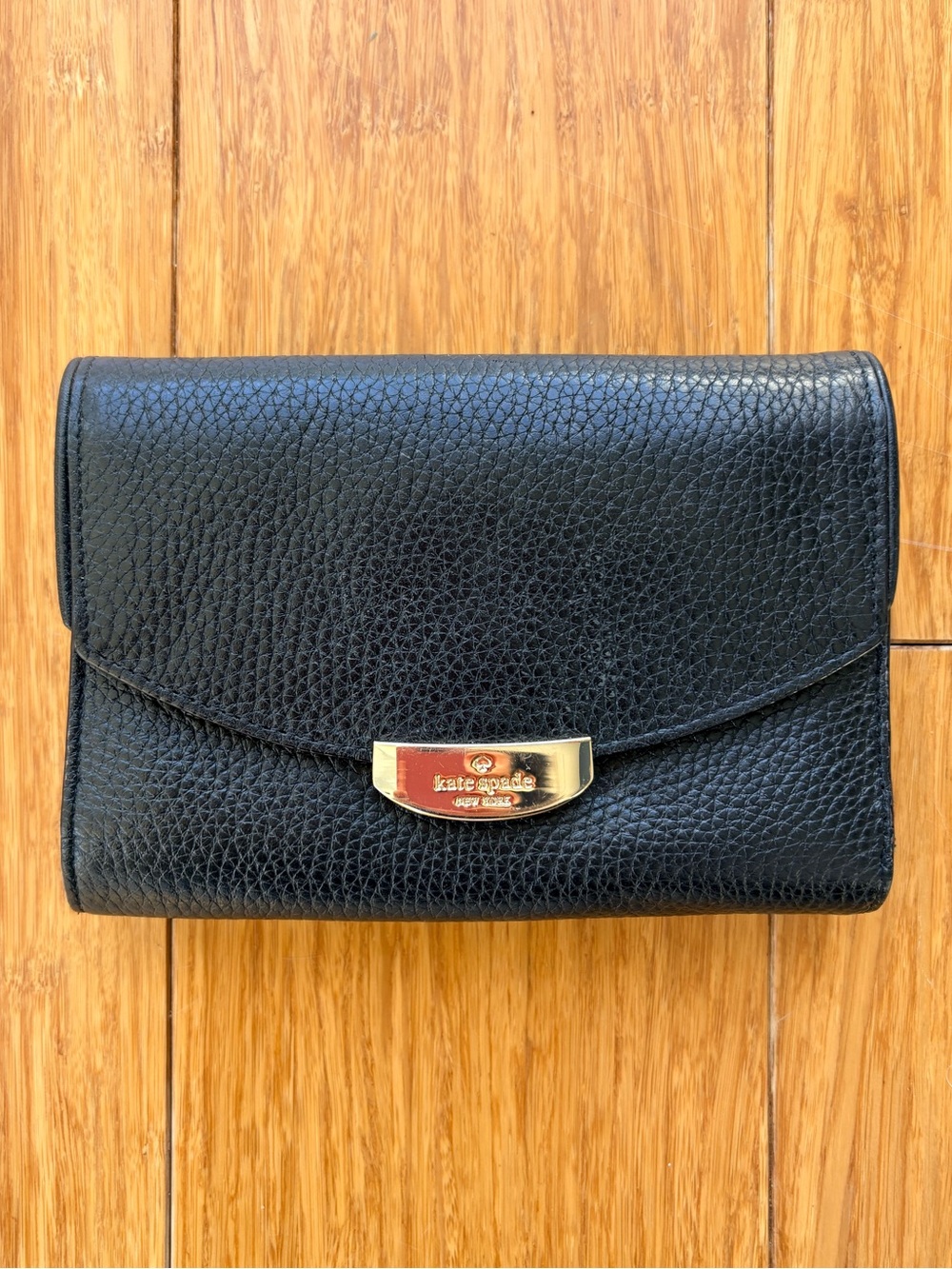 kate spade Black Pebbled Leather Wallet with Gold Hardware